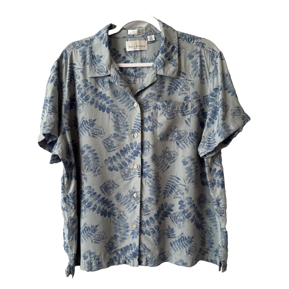 Bill Blass Premium Women's 2XL Hawaiian Blue Floral Short Sleeve Shirt Travel‎